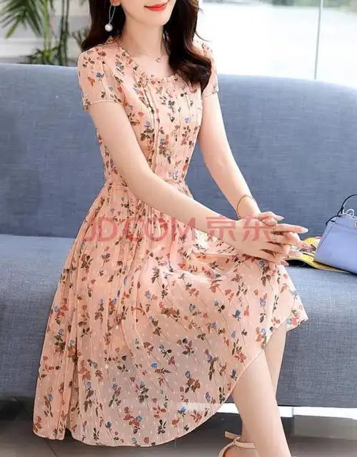 连衣裙30-40岁妈妈中年女装夏天短袖夏季装雪纺碎花35至到45裙子时尚