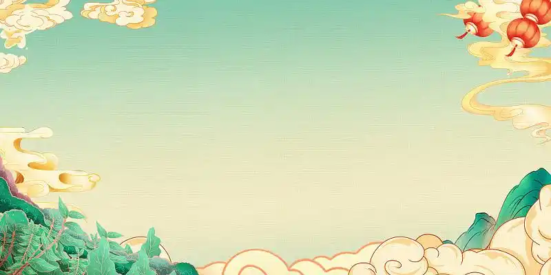 绿色简约大气祥云云朵山灯笼古风国潮展板背景