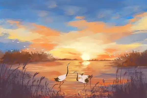 手绘水彩风落日晚霞白鹤风景插画海报背景水彩插画简约夕阳落日风景
