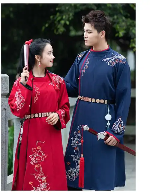 新款原创唐制刺绣圆领袍衫男女情侣汉服cp情侣装侠侣