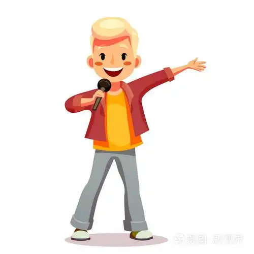 男孩对着麦克风唱一首歌.有天才的孩子唱卡拉 ok.有趣的卡通人物.