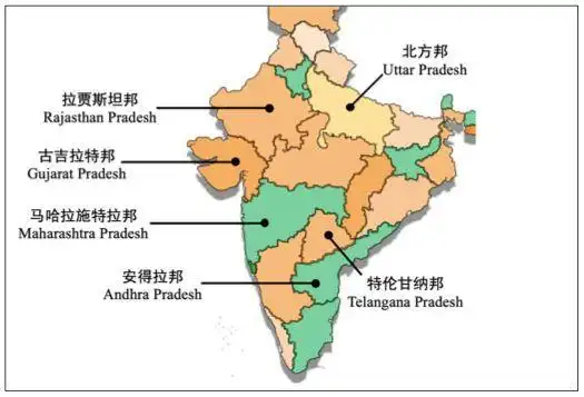 印度(局部)主要邦位置图