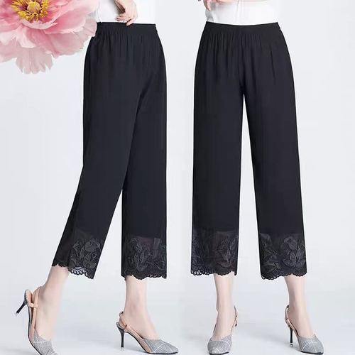 妈妈直筒裤子夏中老年婆婆休闲宽松绣花奶奶雪纺裤中年九分女裤薄