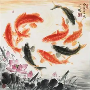 周升达 《富贵久鱼》 当代画鱼名家 吉祥水墨九鱼图国画鲤鱼图