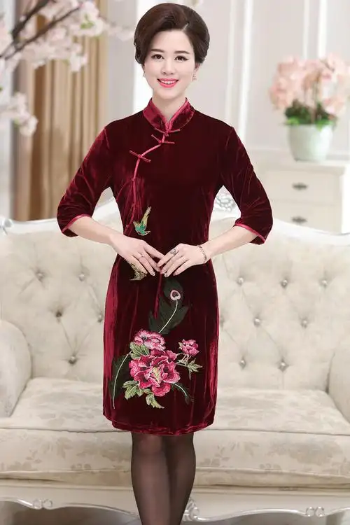 中年秋冬中袖旗袍中老年妈妈装 40-50岁短款改良金丝绒旗袍连衣裙