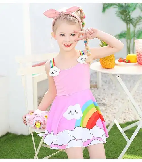 诺盖拉儿童泳衣女童运动泳衣中大童可爱儿童女泳衣裙短袖游衣小学生