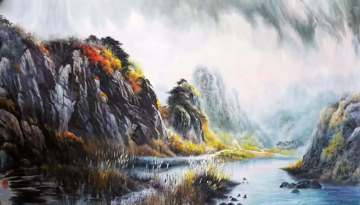 彩墨山水画《秋山新雨后》.