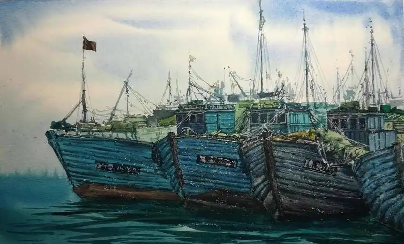 水彩画海上渔船的作品欣赏