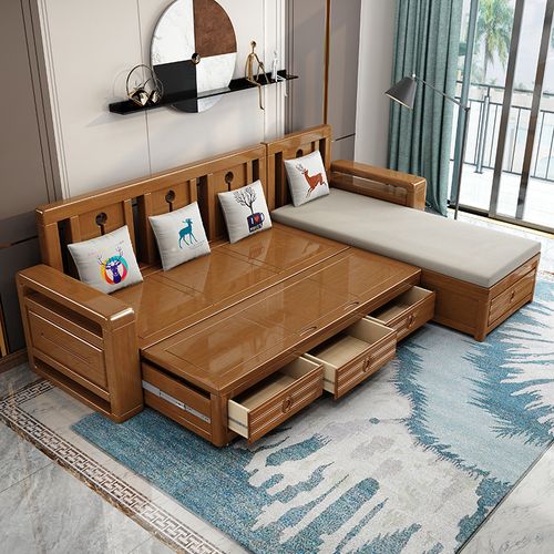 铭瑄新中式实木沙发多功能储物推拉沙发床冬夏两用客厅原木家具