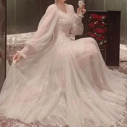 高端名媛炸街网纱气质修身裙子亮片早秋长裙仙气生日连衣裙仙女裙