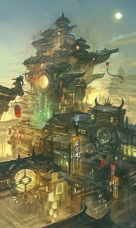 游戏场景天空月亮创意城堡建筑png手绘游戏场景psdjpg古风卡通背景