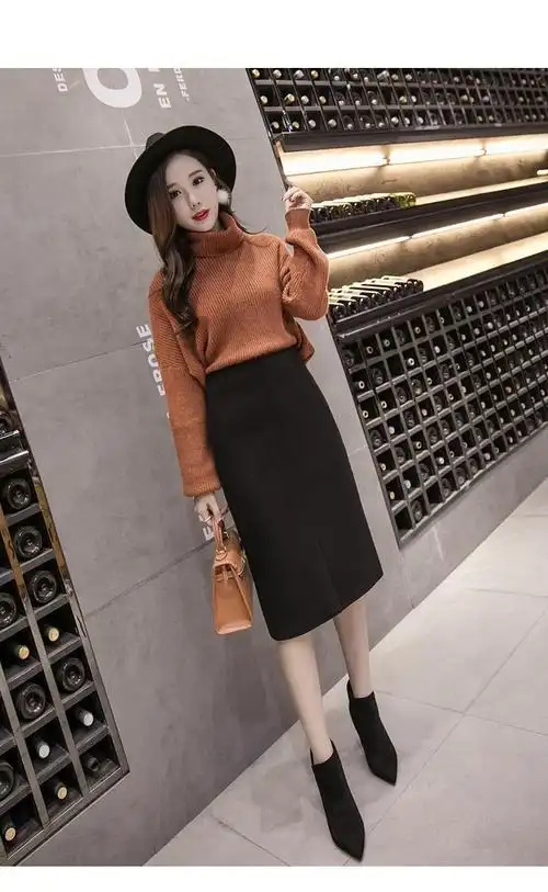 2020毛呢半身裙中长款女秋冬新款高腰开叉呢子裙包臀裙一步裙冬 驼色