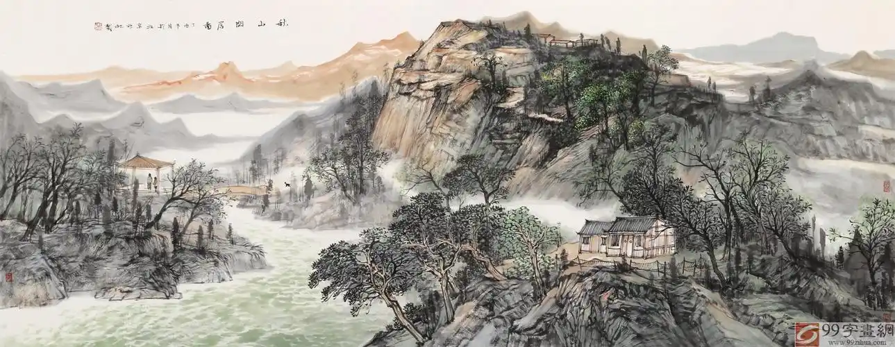 管旺林 小六尺乡村田园山水画《秋山闲居图》 - 写意山水画 - 99字画
