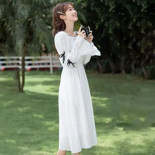 法式超仙甜美方领温柔风茶歇初恋长裙女早春气质宫廷风白色连衣裙