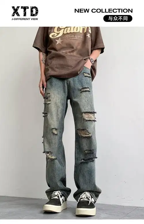 实拍高街美式休闲复古破洞牛仔裤男款夏季宽松直筒潮牌裤子 - 17网