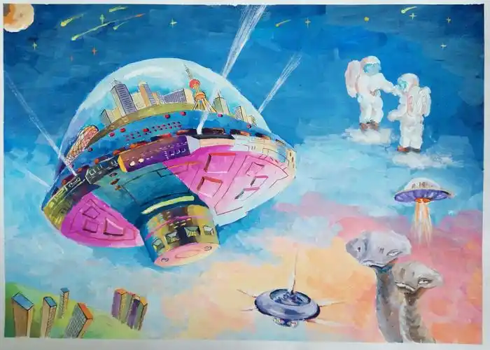 科幻画作品《人类真的可以搬家了》,密山市中小学生科技创新大赛