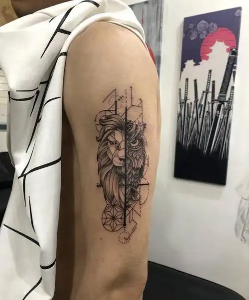 狮子猫头鹰纹身图片_手臂new school几何狮子猫头鹰纹身图案