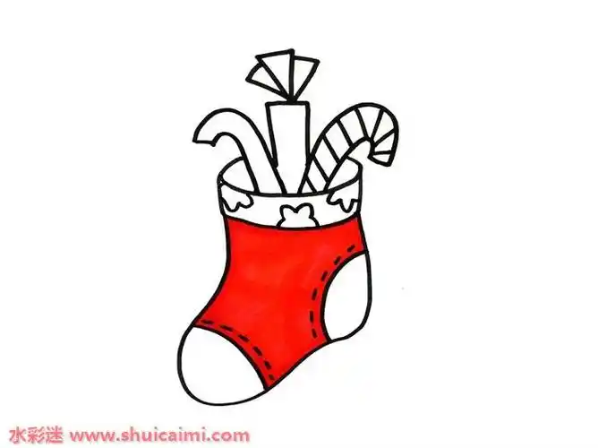 2, 画上两条弧形围成的袜子形状,再在袜子上画上两条弧形的实线和两条