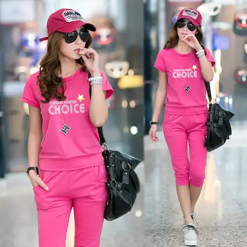 热销七分裤套装_运动休闲套装女夏胖mm大码显瘦短袖七分裤居家两件套