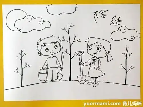 过节植树节简笔画彩色