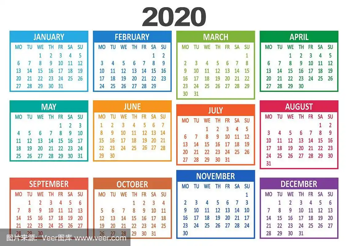 多彩年历2020.一周从星期一开始.向量