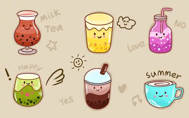 彩色卡通手绘可爱风格手账贴纸系列奶茶水果茶素材原创插画海报