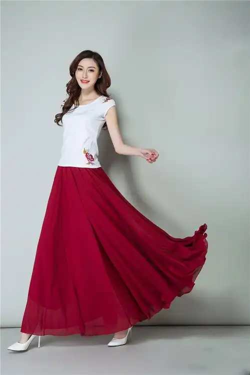 新款夏秋季跳舞裙纯白色高腰女裙优雅大摆半身裙拖地大码雪纺长裙