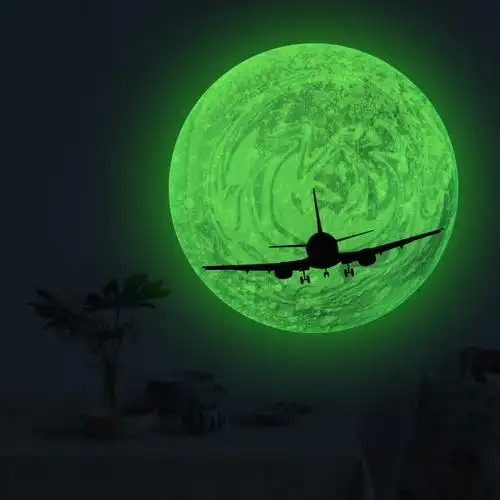 zsz1313z夜光月球夜空中的飞机发光墙贴卧室天花板荧光装饰墙贴
