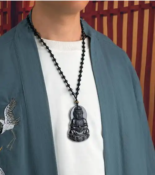 缅甸翡翠墨翠观音吊坠男玉观音千手观音佛玉坠玉石透绿挂件玉佩项链带