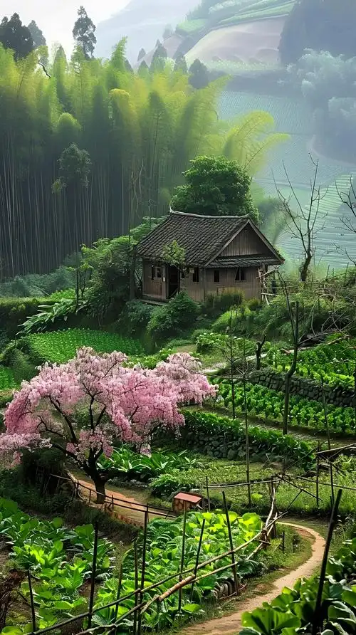 的春天里,翠绿高大的竹林随风摇曳,竹叶沙沙作响,好似大自然的乐章