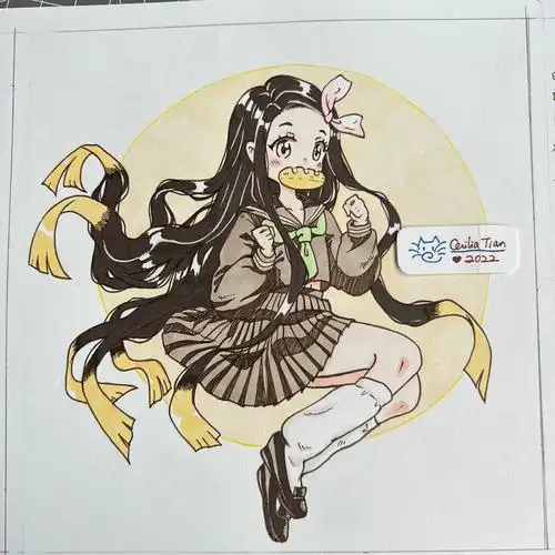 鬼灭之刃祢豆子可爱临摹马克笔手绘步骤图