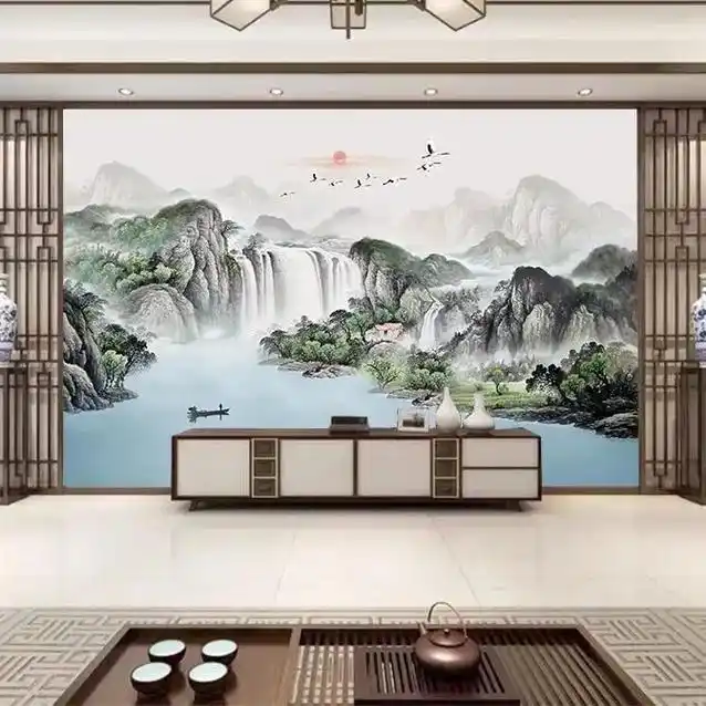八方聚财电视背景墙壁画中式大型山水画壁布.定制无缝18d立体 - 抖音