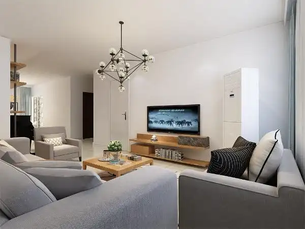 客厅地面采用800*800的地砖墙面为白色乳胶漆,顶面不做任何造型,白色