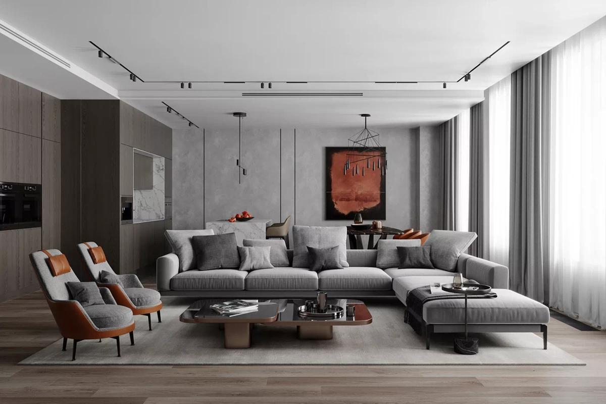 用高级灰配色融合大理石材质,在现代简约的同时打造出轻奢风格