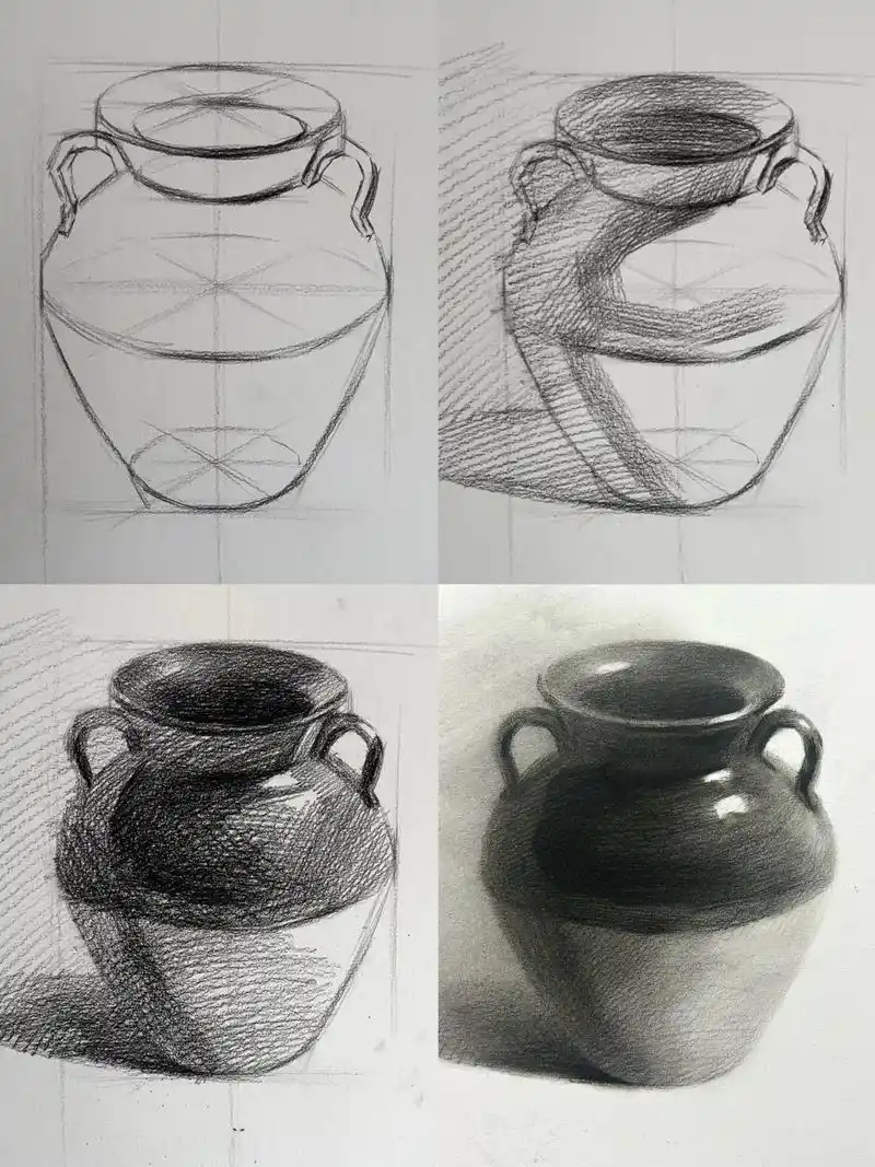 素描静物 罐子绘画步骤图.罐子上半部分是釉面质感下半部分是 - 抖音