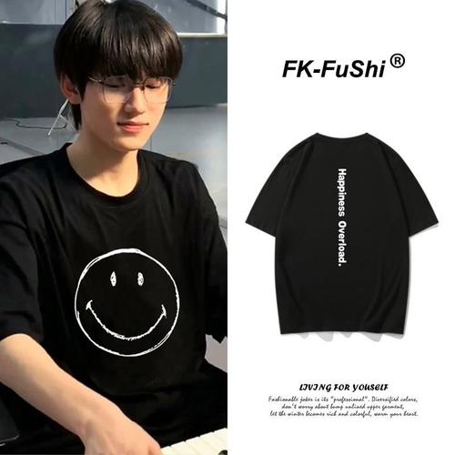 时代少年团宋亚轩同款笑脸t恤女2021年新款韩版宽松黑色短袖夏季