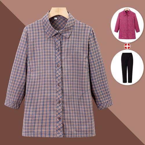 妈妈纯棉衬衫女长袖全棉春秋装中老年婆婆上衣宽松大码小格子衬衣