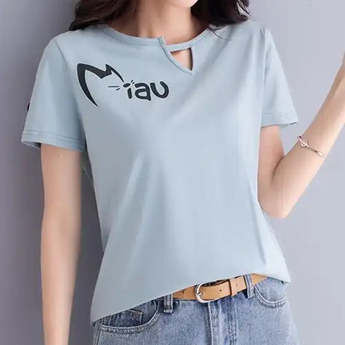 夏天纯色短袖t恤女字母印花浅蓝色休闲百搭上衣女装