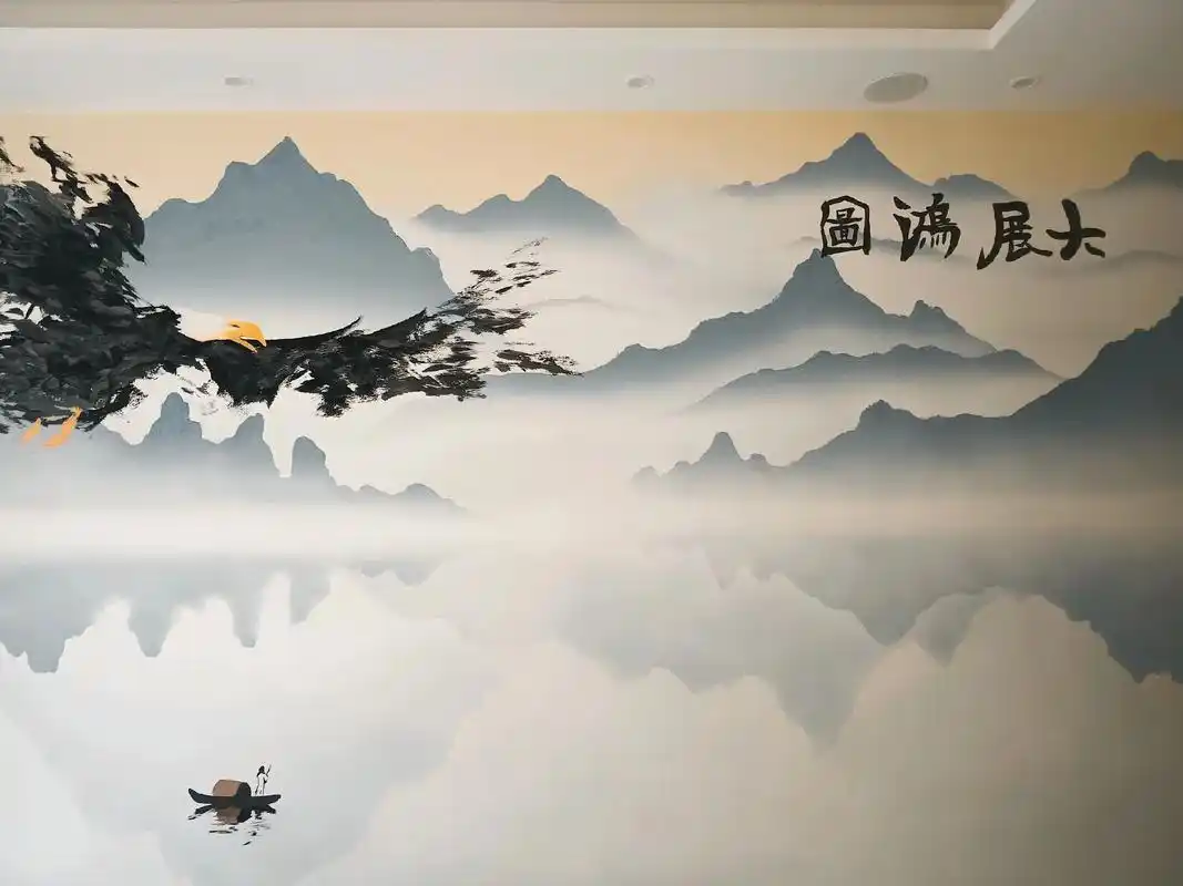 山水背景墙效果图 #山水风景画 #壁画师 #墙体彩绘 - 抖音