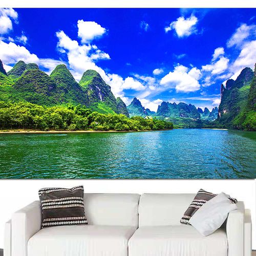 桂林漓江山水画青山绿水世界旅游景点意境风景画客厅沙发背景壁画 w