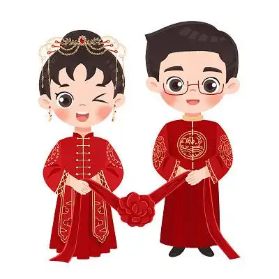 中式婚礼q版卡通插画元素婚礼结婚情侣新娘新郎喜庆幸福蓝色卡通结婚