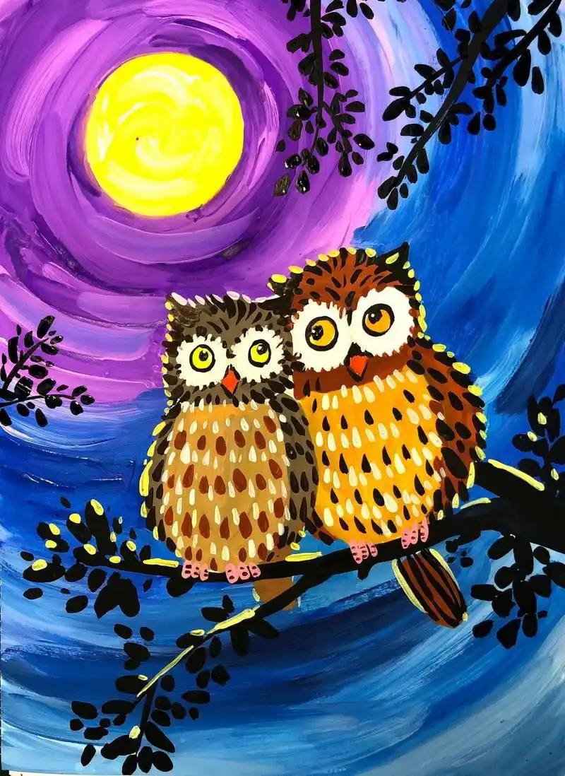 水粉丙烯画动物《猫头鹰》教程 适合7岁以上孩子学习 工具:水粉颜料
