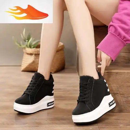 fishbasket10厘米内增高女鞋秋冬新款加绒棉鞋厚底松糕休闲鞋磨砂粉色