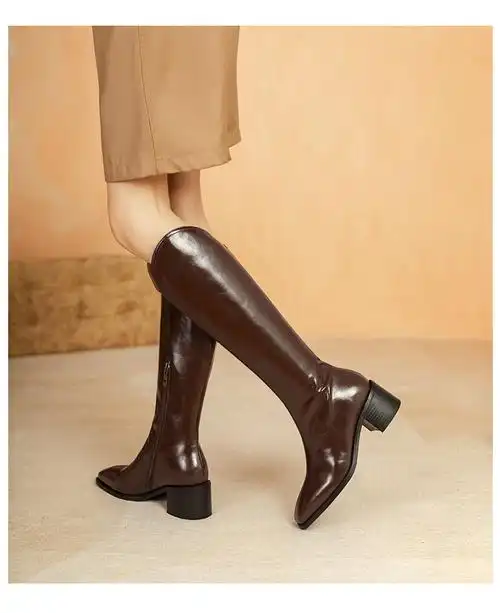 新款长靴女真牛皮高筒靴粗跟方头v领西部牛仔靴里外全皮中低跟不过膝