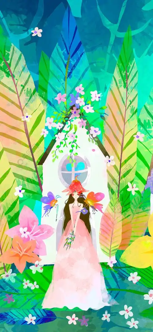 唯美小清新花仙子植物手绘插画