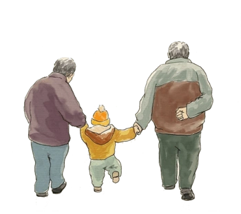 爷爷奶奶牵着孩子背影 暮年