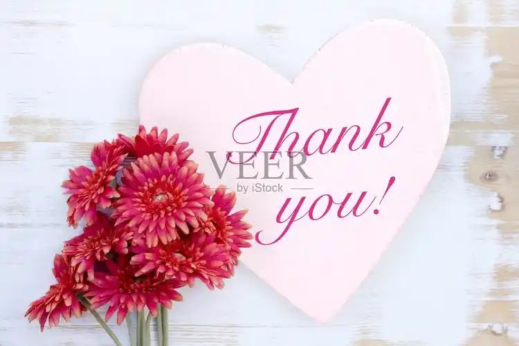 红色的花和木制的心和文字谢谢你照片摄影图片