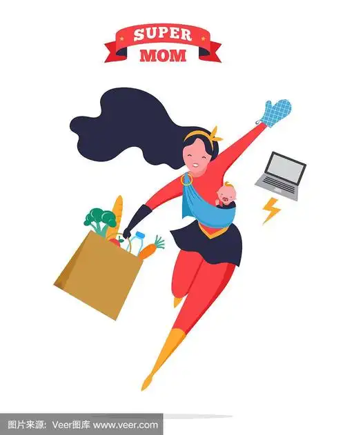 会飞的超级英雄妈妈带着孩子.矢量图