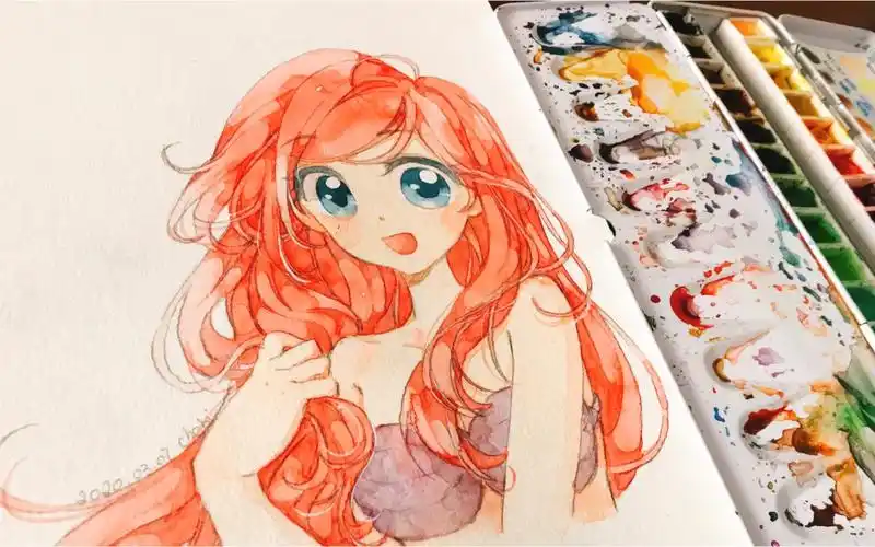 水彩过程迪士尼公主爱丽儿