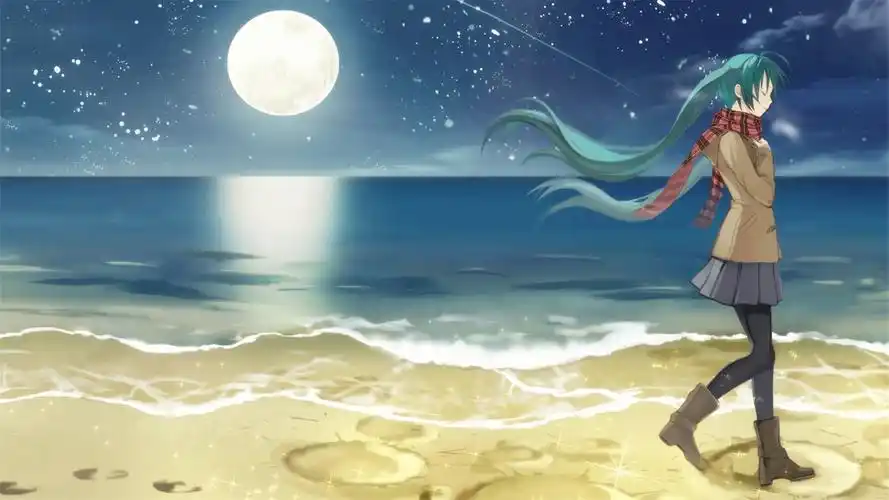 海边漫步的清纯可爱动漫美女图片桌面壁纸